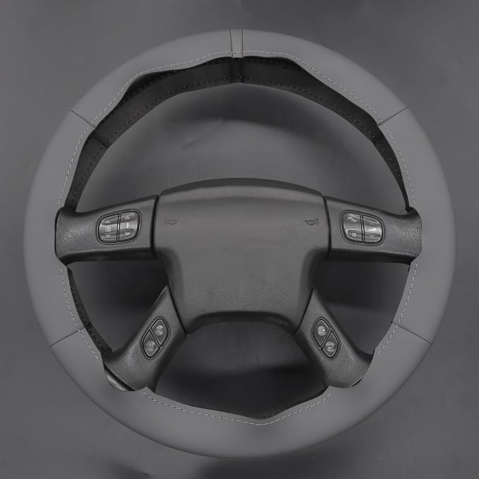 MEWANT Hand Stitched Steering Wheel Cover for Chevy Silverado 1500 2003-2006 DIY Gray Faux Leather Steering Wheel Wrap