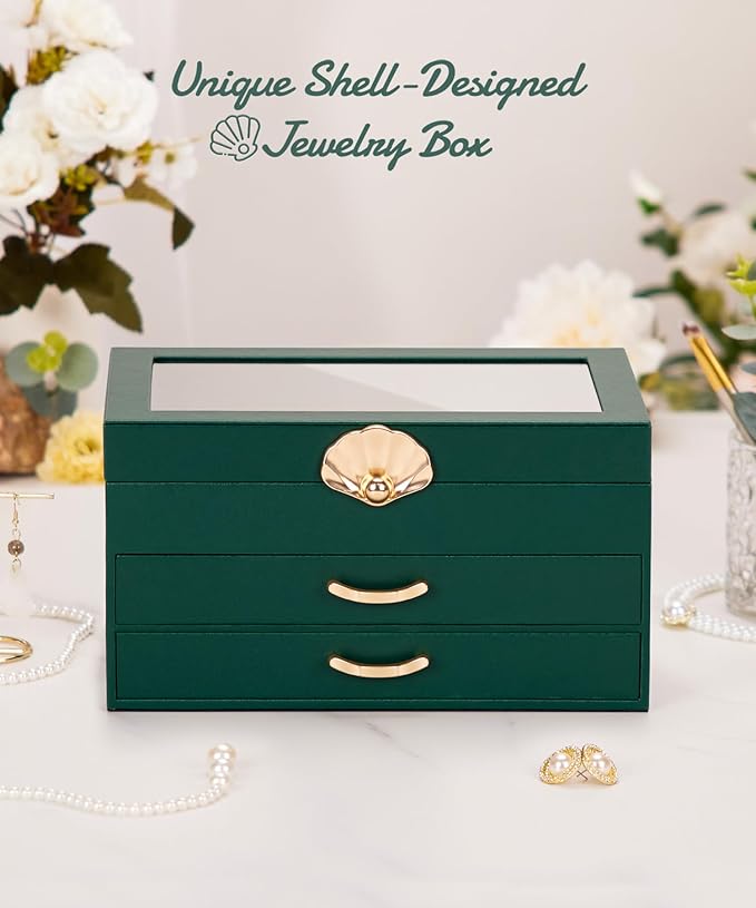 Enthralite Jewelry Box with 2 Drawers: Display Organizer for Earrings Necklaces - Christmas Gifts for Girls Women (Forest Gre