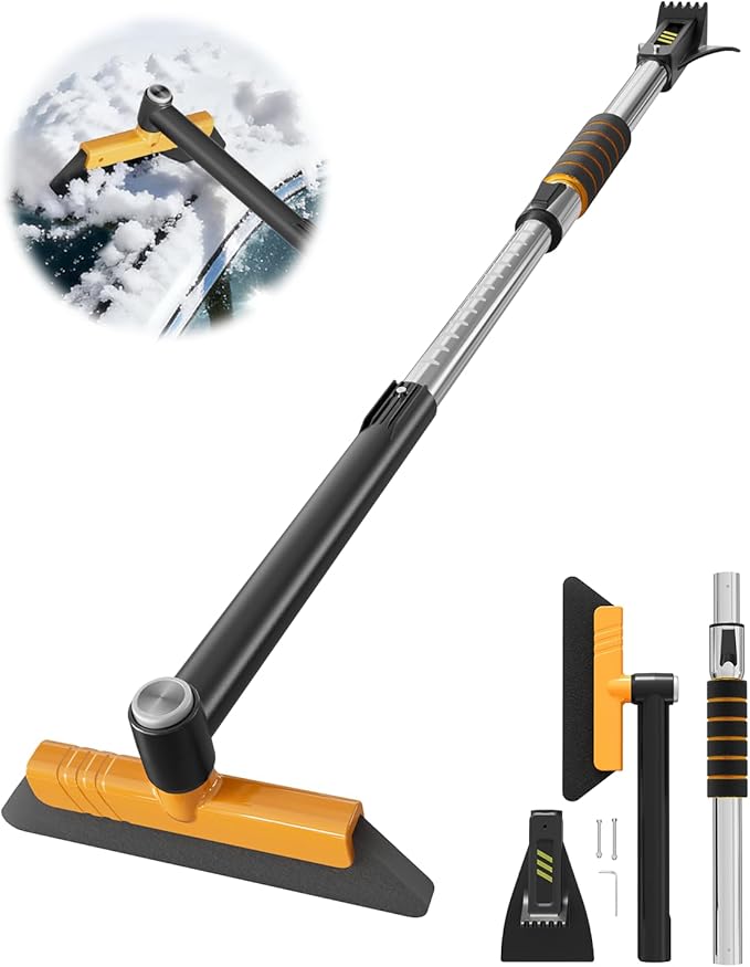 helloleiboo 43.7" Extendable Ice Scrapers for Car Windshield for 12 Adjustable Length Settings with Foam Grip and 360° Pivoting Brush Head Detachable Snow Brush for Truck SUV(Orange)
