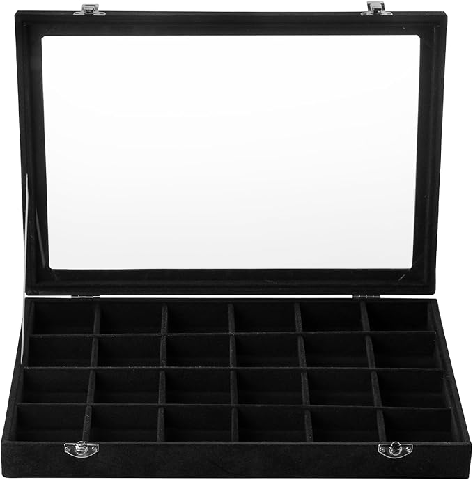 Frebeauty Velvet Jewelry Tray,24 Grid Jewelry Organizer with Clear Lid,Earring Holder Organizer with Clasp,Drawer Insert Ring
