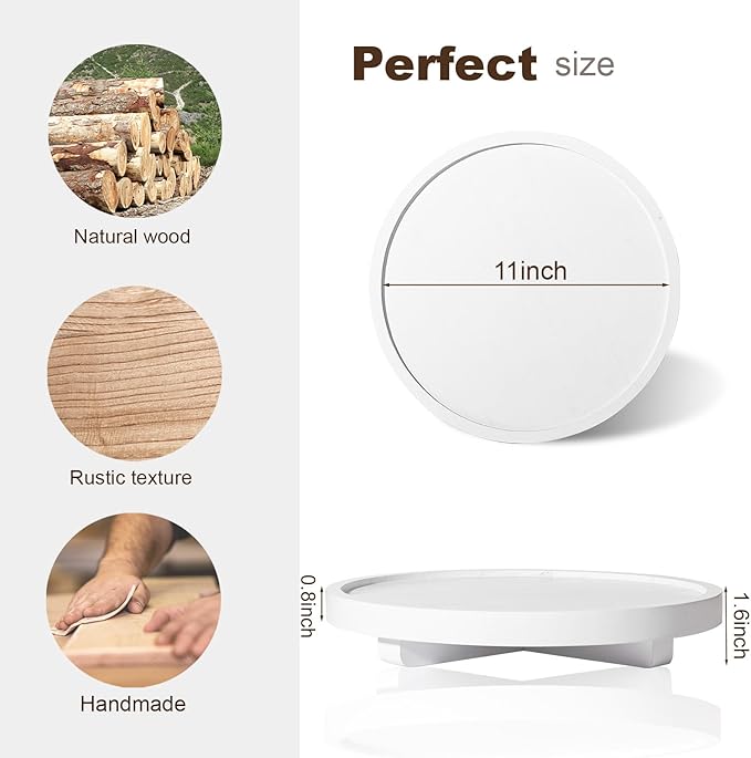 Round Decorative Tray Wood Bathroom Counter Organizer Farmhouse Kitchen Decor Wooden Riser for Soap Dish, Perfume, Candle, Sp
