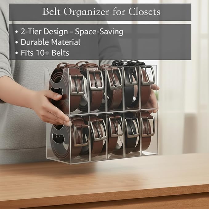 Belt Organizer 2pack,Acrylic Belt Organizer for Closet with Removable Dividers - 5 Compartments & Handles Drawer organization