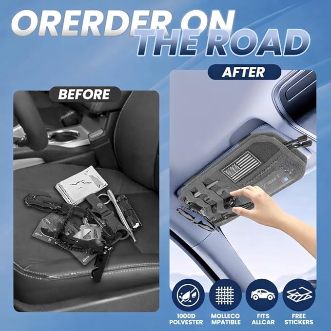 LEPHYON Molle Visor Organizer for Car, 1000D Polyester Heavy Duty Car Visor Organizer with Sunglasses Holder, Pockets, Adjustable Straps, Perfect Truck Accessories, Pickup Patrol Gear Storage (Grey)