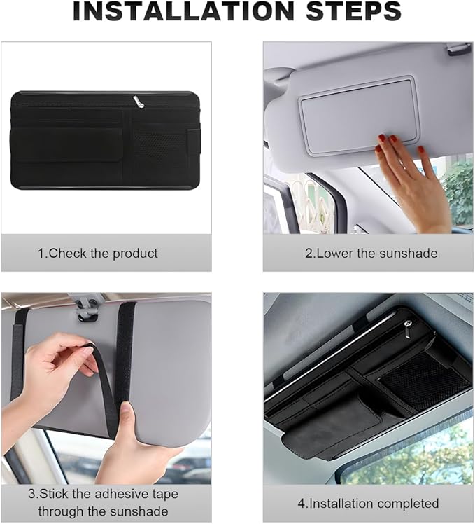 Car Sun Visor Organizer, Leather Sun Visor Pocket Organizer Case with Multi-Pocket Net Zipper, Suede Note Holder Car Visor Storage Pouch for Card Pen Sunglasses Document (Black)