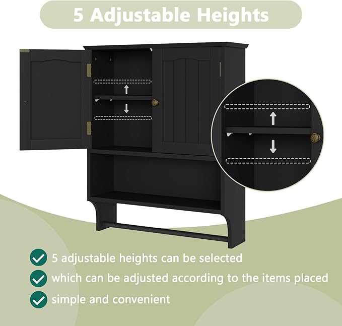 Smuxee Black Bathroom Cabinet Wall Mounted with Towels Bar, Medicine Cabinet with 2 Door Adjustable Shelves, Over Toilet Cabi