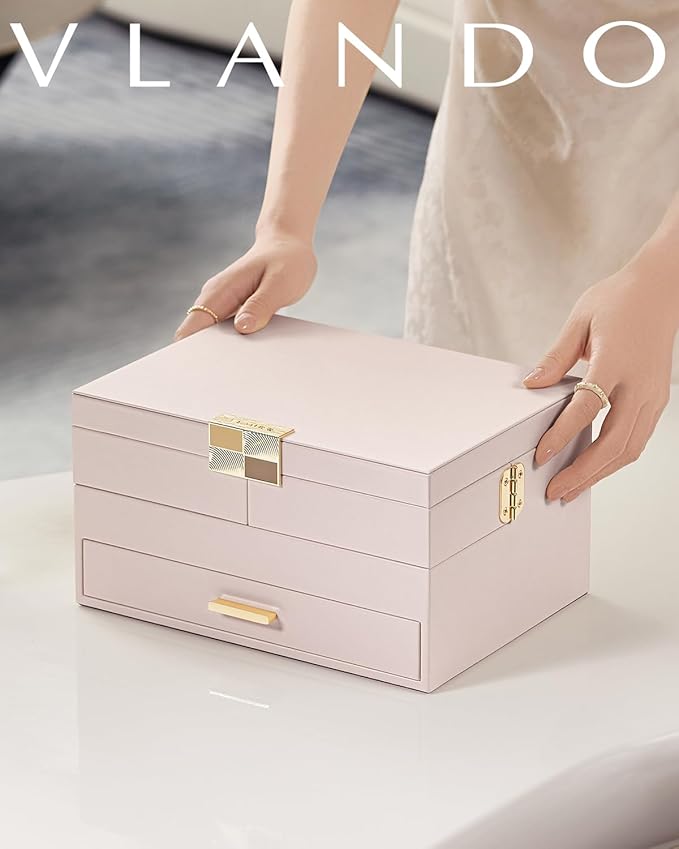 Vlando 3 Layer Jewelry Box - Women Jewelry Box with Retractable Tray - Jewelry Organizers with Drawer for Necklaces, Rings, B