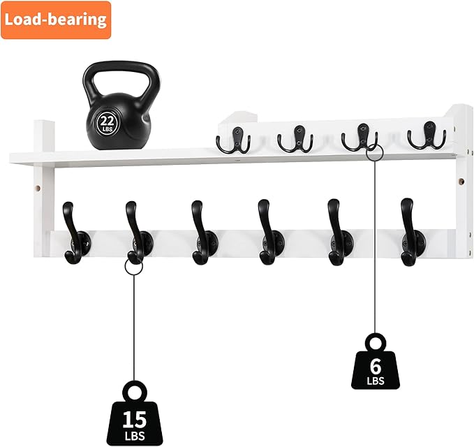 Coat Rack Wall Mount with Shelf, 27.5" Entryway Wall Hanging Shelf, Coat and Key Hanger with 10 Dual Hooks, Mail Organizer an