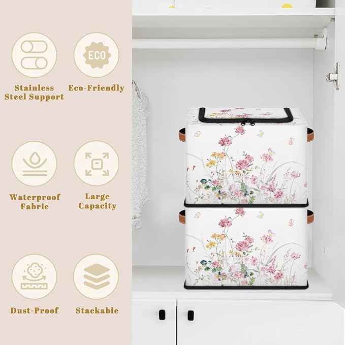 Boho Floral Flowers Storage Basket - Rectangular Decorative Box Collapsible Organizer with Zipper Lid, Watercolor Butterfly B