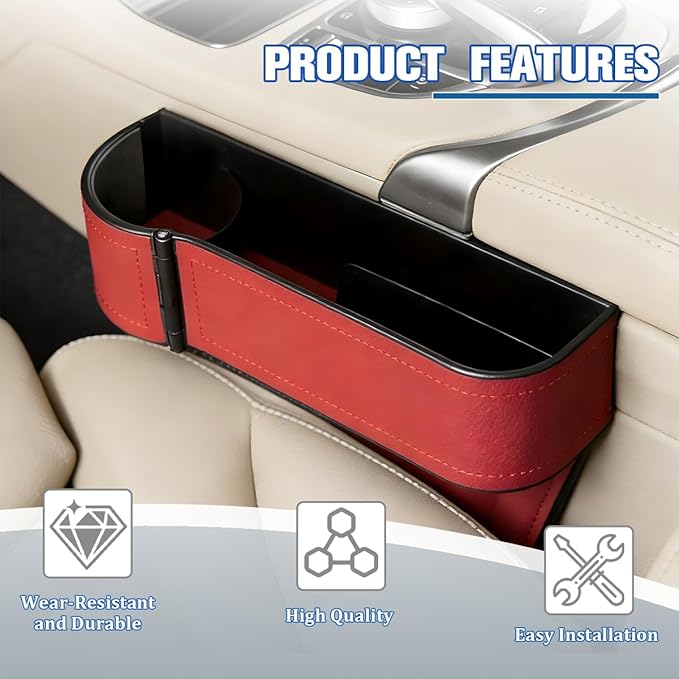 Car Seat Gap Filler Organizer with Cup Holder Expander, Leather Console Seam Filler Storage Box, Auto Front Seat Gap Organizer for Phones Keys Glasses, Universal Fit (Wine Red Driver)