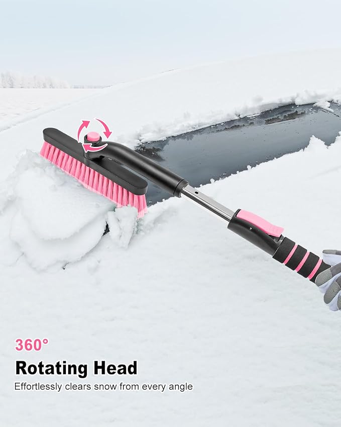 SEAAES Ice Scraper with Snow Brush for Car Windshield, Upgraded Extendable Snow Brush with Foam Grip for Truck SUV Vehicle Windows - Pink