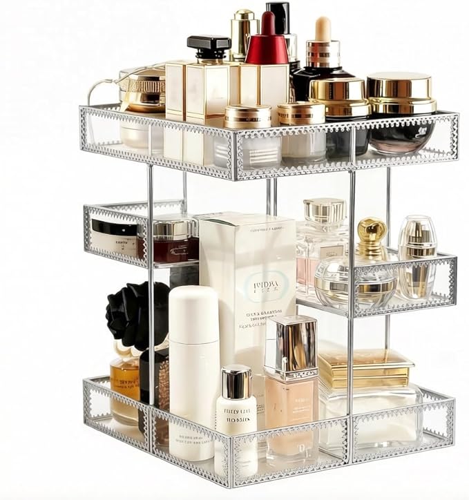Hersoo 360 Degree Rotation Cosmetic Organizer -Premium Makeup Storage with Spin Base,Antique Countertop Cosmetic Storage,Larg