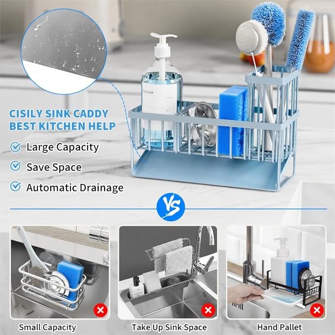 Cisily Sink Caddy Organzier with High Brush Holder, Sponge Holder for Sink, 304 Rustproof Stainless, Kitchen Countertop Soap 