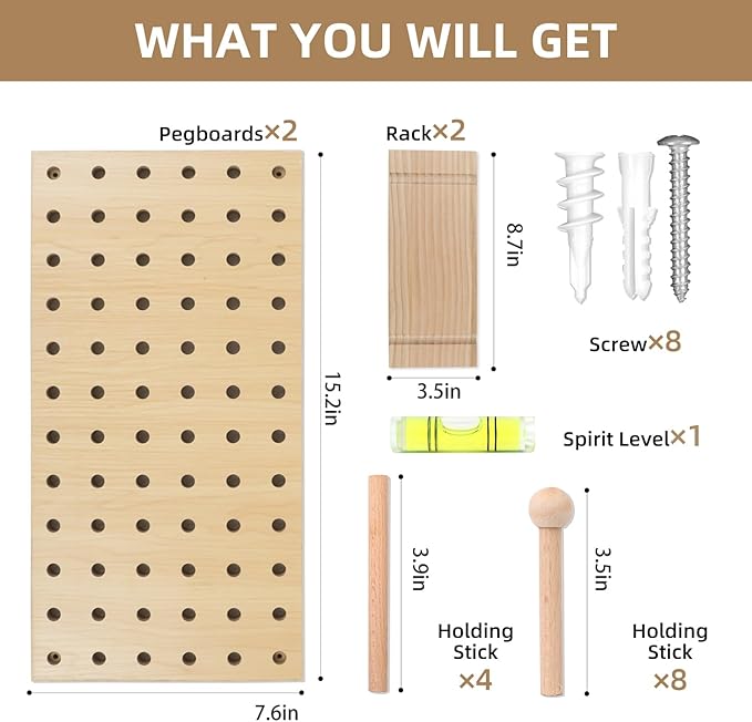 Brown & Beige Wood Pegboard Modular Display Wooden Pegboard Combination Wall Organizer Storage Wall Hooks Shelf for Home, Off