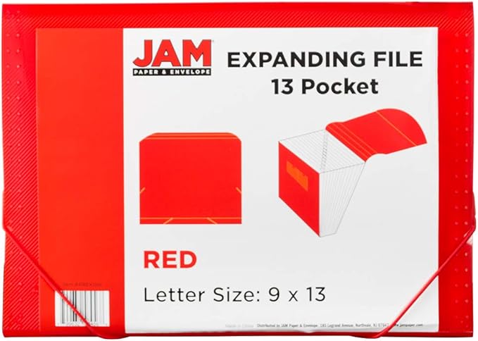JAM Paper Accordion Folders - 13 Pocket Plastic Expanding File - Letter Size - 9 x 13 - Red - Sold Individually