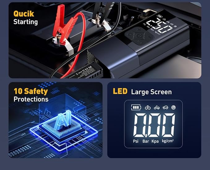 Tire Inflator Portable Air Compressor with Jump Starter - 150PSI & 8000mAh Car Battery Jump Starter with Tire Pressure