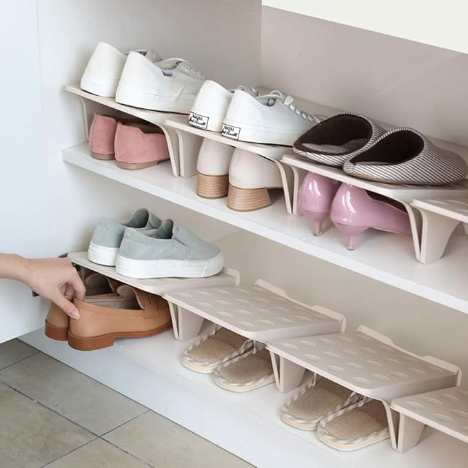 4 Pcs Stacking Shoe Organizer for Shelf 10 x 8.7 in – Double Layer Space Saving Shoe Dividers for Shelves – Footwear Riser fo