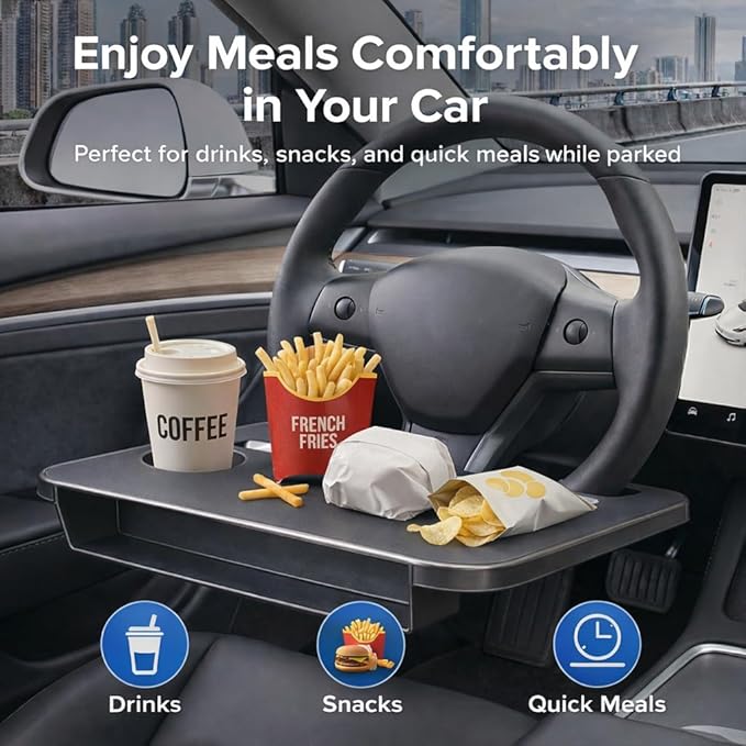 Steering Wheel Tray for Tesla Model 3 Y S X and Other Compact Cars, 2-in-1 Car Food Tray and Seat Gap Organizer, Compact Desk for Eating, Writing, Quick Work and Storage, Black