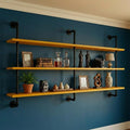 Industrial Pipe Wall Shelves - 60" Rustic Natural Oak Solid Wood, 9.85" Deep Floating Shelving for Farmhouse Rustic Decor, St