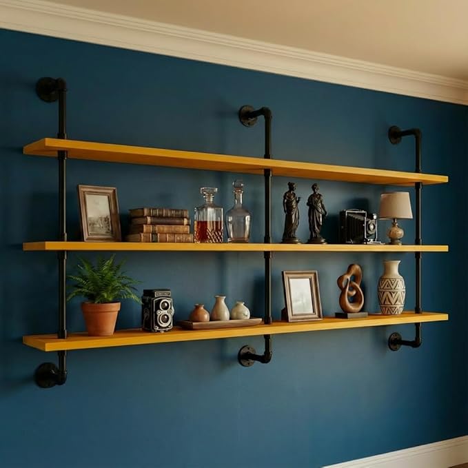 Industrial Pipe Wall Shelves - 60" Rustic Natural Oak Solid Wood, 9.85" Deep Floating Shelving for Farmhouse Rustic Decor, St