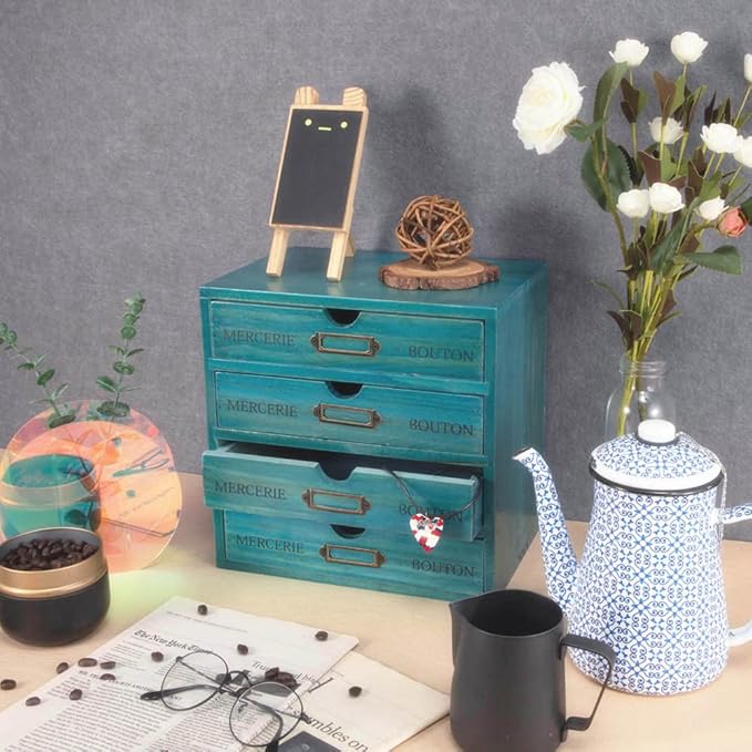 Wooden Storage Box with 4 Drawers Vintage Office Supplies and Accessories Letter Tray Wood Desktop School Supply Organizer Li