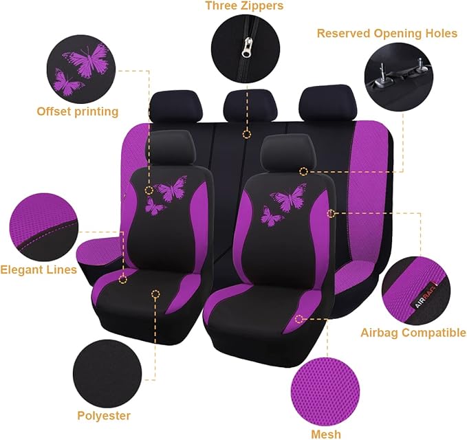 Flying Banner Butterfly car seat Covers ful Set Fashion Universal Lady Woman Female Rear Bench Split Colorized (Full Set, Pur