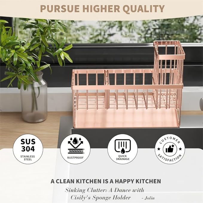 Cisily Sink Caddy Organzier with High Brush Holder, Sponge Holder for Sink, 304 Rustproof Stainless, Kitchen Countertop Soap 