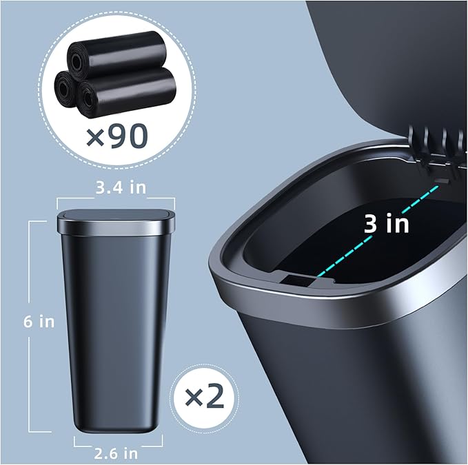 2 Pack Mini Car Trash Can with Lid and 90 Bags, Small Cup Holder Trash Can for Car Door Home Office Bedroom Desktop - Waterproof & Odor Blocking (2Black)
