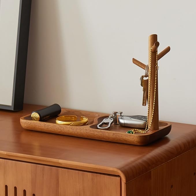 Solid Acacia Wood Key Tray and Bowl for Entryway Table - Jewelry Tray With 3 Hooks, Open Storage for Wallet, Glasses, Watches