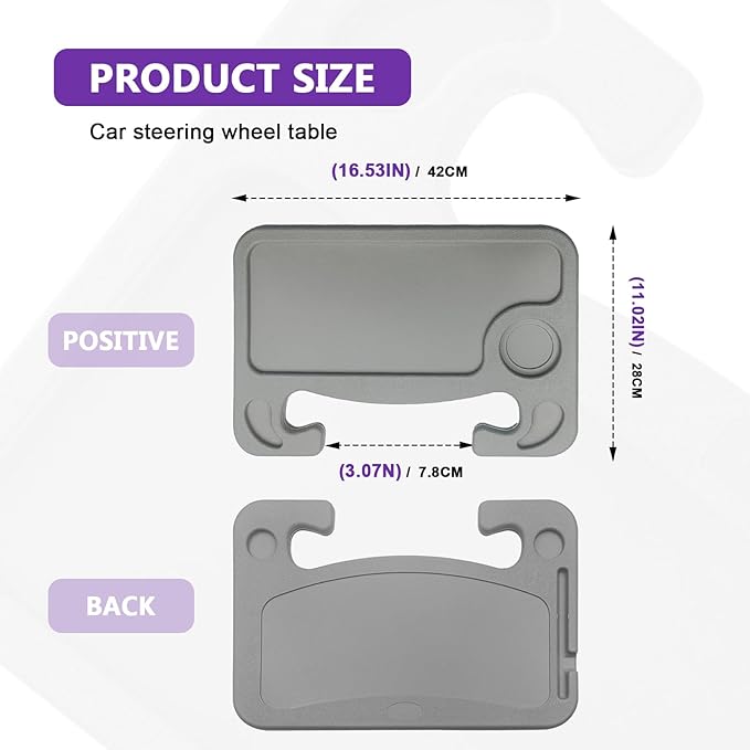 Car Steering Wheel Desk Tray for Laptop and Eating 2 in 1 Multipurpose Travel Accessory with Drink and Pen Holder Compatible with Most Vehicles Grey