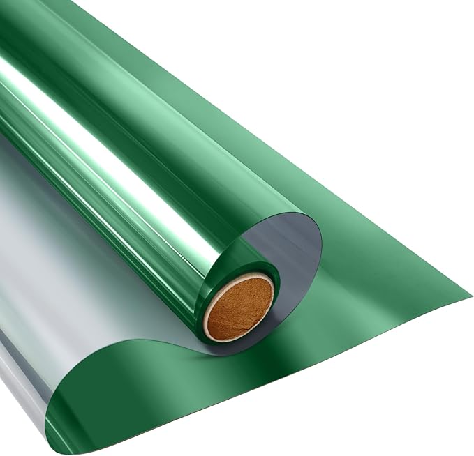 KESPEN Window Film One Way Daytime Privacy Static Cling Sun Blocking Anti UV Reflective Window Tint for Home and Office, Green-Silver, 23.6 Inch X 6.5 Feet
