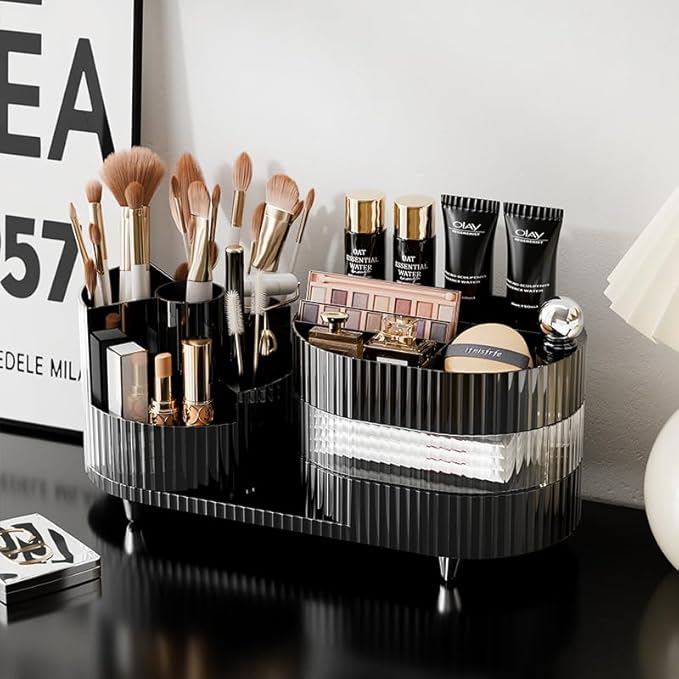 Rotating Vanity Organizer with Brush Holder and Drawer, 3 Layer Cosmetic Skincare Storage, Large Countertop Makeup Perfume & 