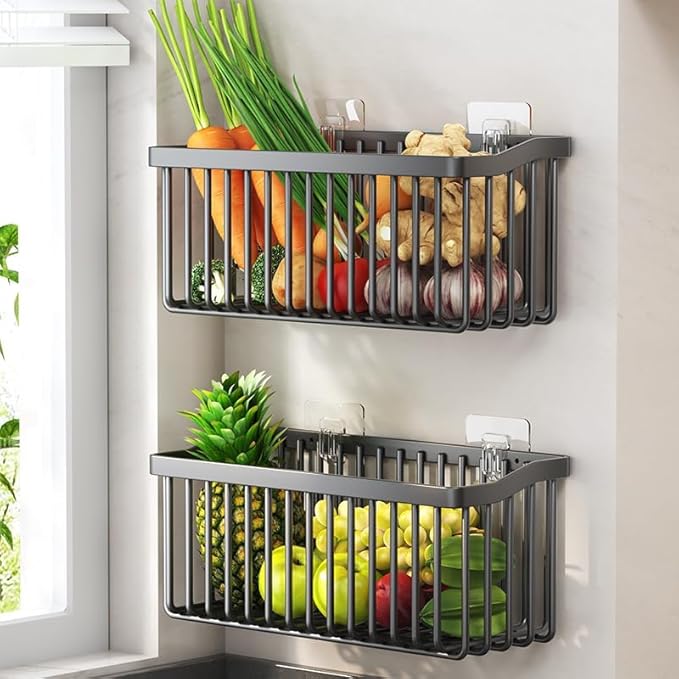 2 Pcs Fruit Basket Wire Baskets, Fruit and Veggie Storage Basket Holder for Kitchen Wall Mounted,Kitchen Organizers and Stora