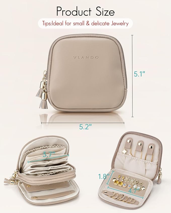 VLANDO Travel Jewelry Case,2-Layer Jewelry Organizer for Travel,Mothers Day Mom Gifts,Multi-Compartment Jewelry Storage for R
