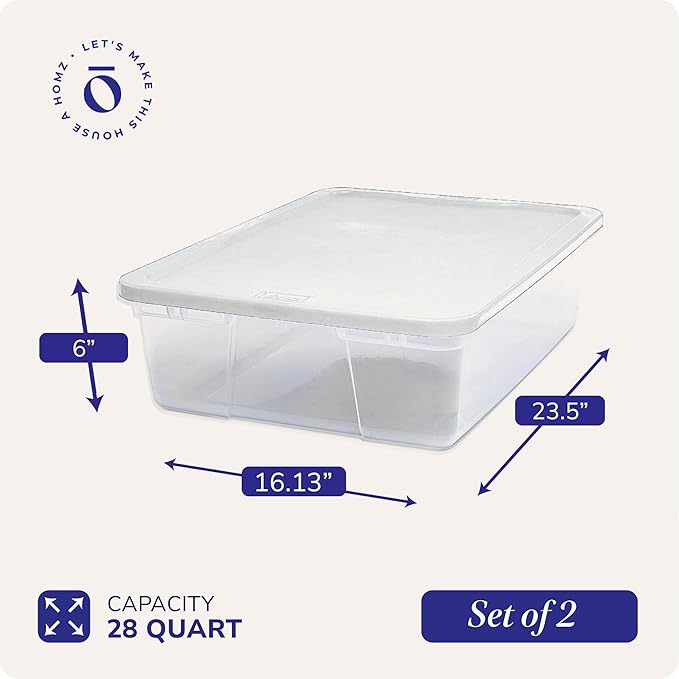 HOMZ 2-Pack Snaplock, Small Clear Plastic Storage Organizer Bins w/ Lids, 28 Quart, White - Stackable Container Boxes for Bed