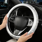 Bling Diamond Steering Wheel Cover, Leather Steering Wheel Covers for Women Girls with Crystal Rhinestones, Breathable, Anti-Slip Universal Fit 14.5-15 Inch Bling Car Accessories(Silver)