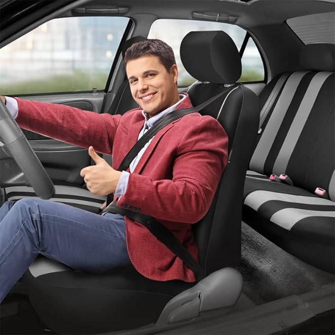 FH Group Car Seat Cover Full Set Striking Striped Gray Car Seat Covers with Front Seat Covers and Rear Split Bench Car Seat C