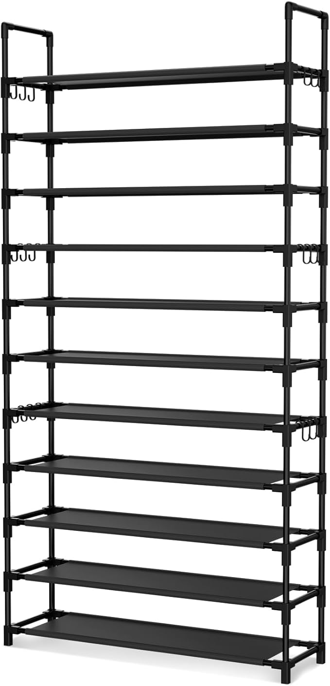 LANTEFUL 11 Tiers Tall Shoe Rack Holds 55 Pairs of Shoes with 18pcs Hooks Sturdy Wide Shoe Organizer Storage Free Standing Me
