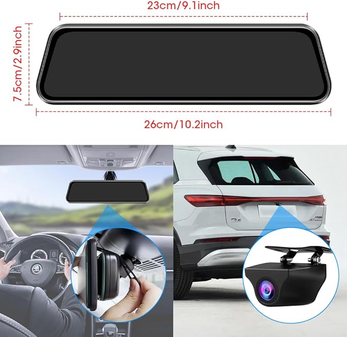 Upgraded 10'' Rear View Mirror Camera Mirror Dash Cam Front and Rear 1080P Backup Camera Full Touch Screen w Loop Recording, 