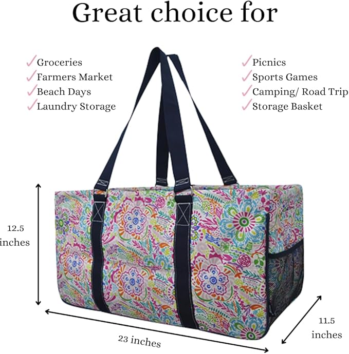 NGIL Extra Large Utility Tote Reusable Grocery Bag Oversized Collapsible for Groceries, Storage, Picnic, Beach (Floral-black)