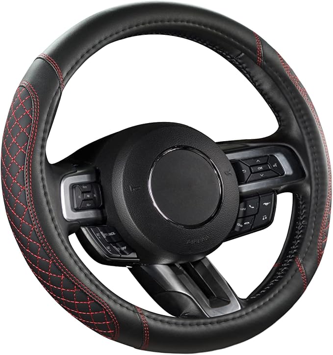 West Llama Car Steering Wheel Cover for Ford Escape,Explorer,Fusion,Focus,Bronco,Transit,Edge(Diamond Quilted - Black+Red- St