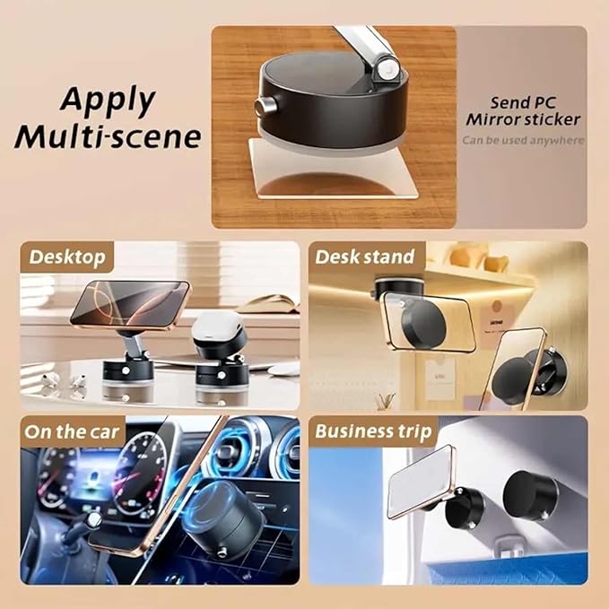 Foldable Magnetic Vacuum Phone Holder, 360° Electric Suction Car Mount, Double-Sided Swivel Stand for Car, Mirror, Gym, Kitchen, Hands-Free Portable Phone Holder (Black)