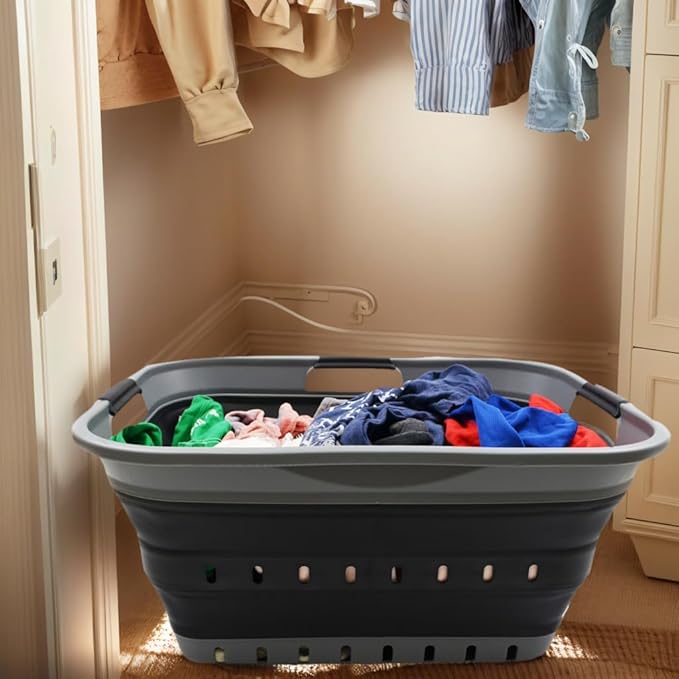 SAMMART 42L Collapsible Plastic Laundry Basket - Foldable Pop Up Storage Container/Organizer - Space Saving Hamper/Basket (1,