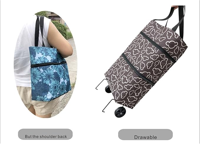 Reusable Grocery Bags with Waterproof Coating and Folding Wheels - Foldable Tote Bags for Shopping, Multi-Purpose Storage for Groceries(Coffee Flower)