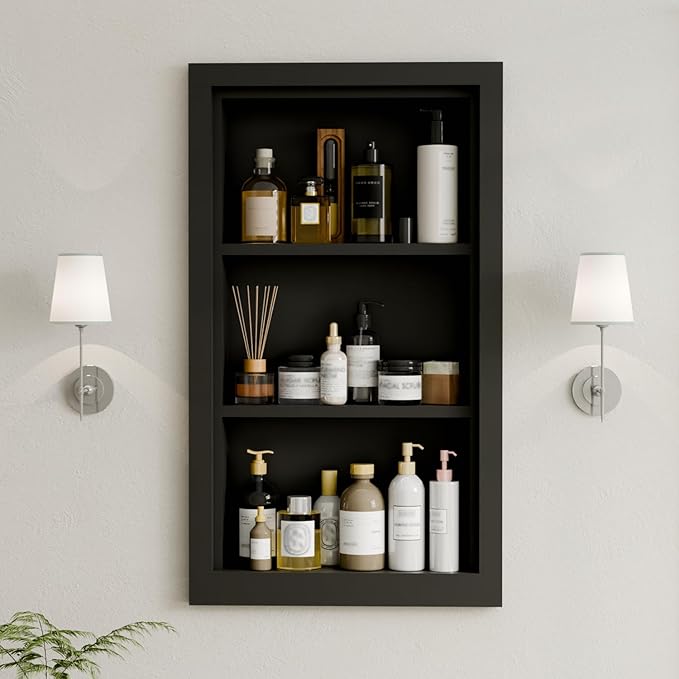 Solid Wood 14 X 24 Recessed Medicine Cabinet,3-Tier, Medicine Cabinet Organizer,Wall Niche, Bathroom Wall Cabinet, Recessed B