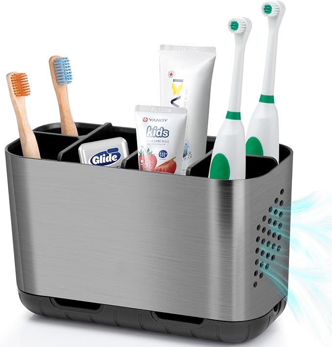 Boperzi Toothbrush and Toothpaste Holder Brushed Nickel Drainage for Bathroom Vanity, Large Electric Toothbrush Storage Caddy