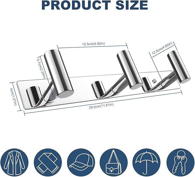 VAEHOLD Hat and Coat Wall Mount Rack - Hooks for Robes, Bags, Keys, and Towels - Bathroom Towel Hanger Organizer (Polished Ch