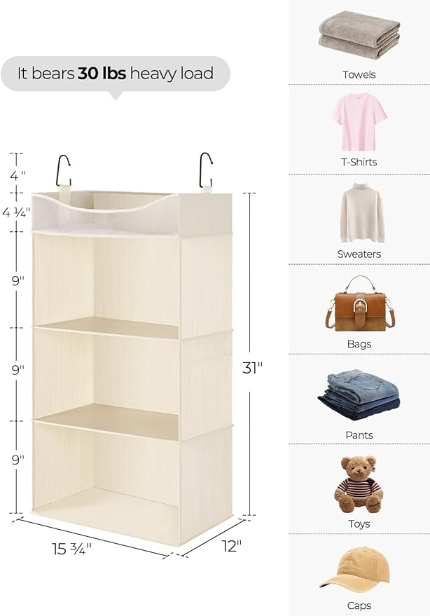 StorageWorks Hanging Closet Organizer, 3-Shelf Hanging Closet Shelves with Top Shelf, 15 ¾"W x 12" D x 31" H, Extra-Large Spa
