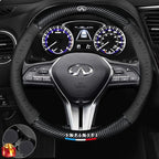 Customized Steering Wheel Cover Compatible with Infiniti, Nappa Leather & Carbon Fiber Design Car Steering Wheel Cover, with Coasters and 3-in-1 USB Fast Charging Cable (Black)