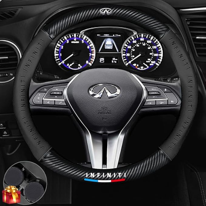 Customized Steering Wheel Cover Compatible with Infiniti, Nappa Leather & Carbon Fiber Design Car Steering Wheel Cover, with Coasters and 3-in-1 USB Fast Charging Cable (Black)