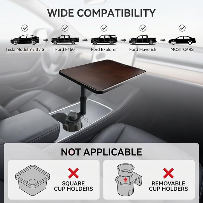Car Desk for Laptop,360° Rotating Cup Holder Table,Walnut-Colored Wooden Car Laptop Mount,Adjustment Car Desk&Car Table Tray Compatible with Tesla Model 3/Y/S&Most Vehicles